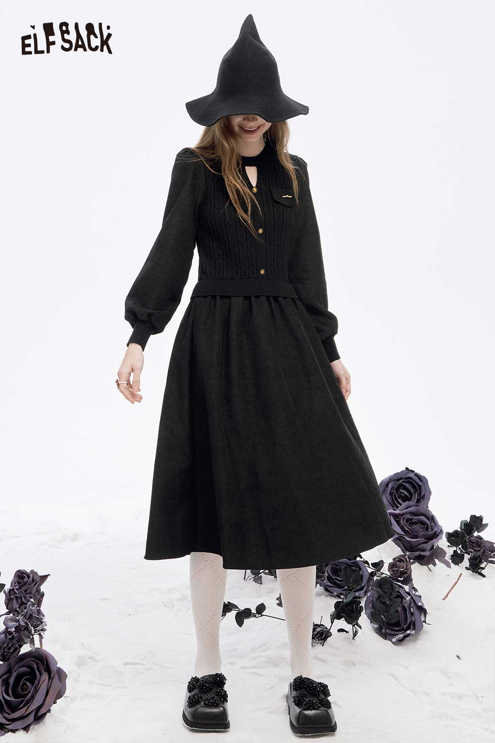 ELFSACK soft flared tea dress in black with a stylish knitted bodice and elegant flowy skirt