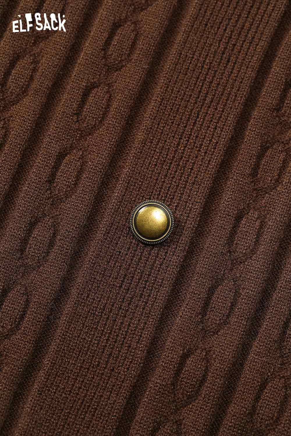 Close-up of a brown ELFSACK soft flared tea dress featuring a stylish gold button detail