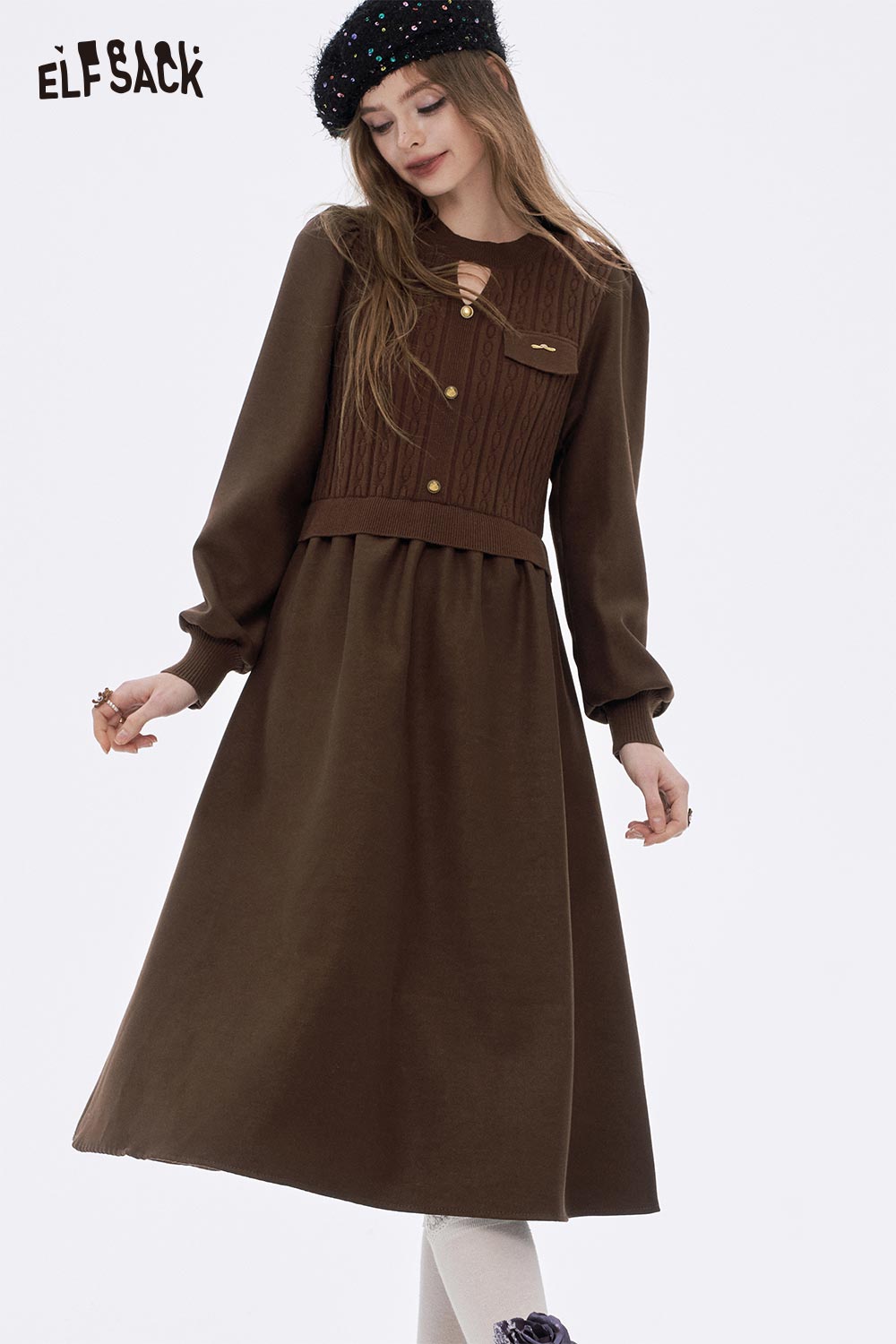 ELFSACK soft flared tea dress in brown with puffed sleeves and a stylish buttoned bodice