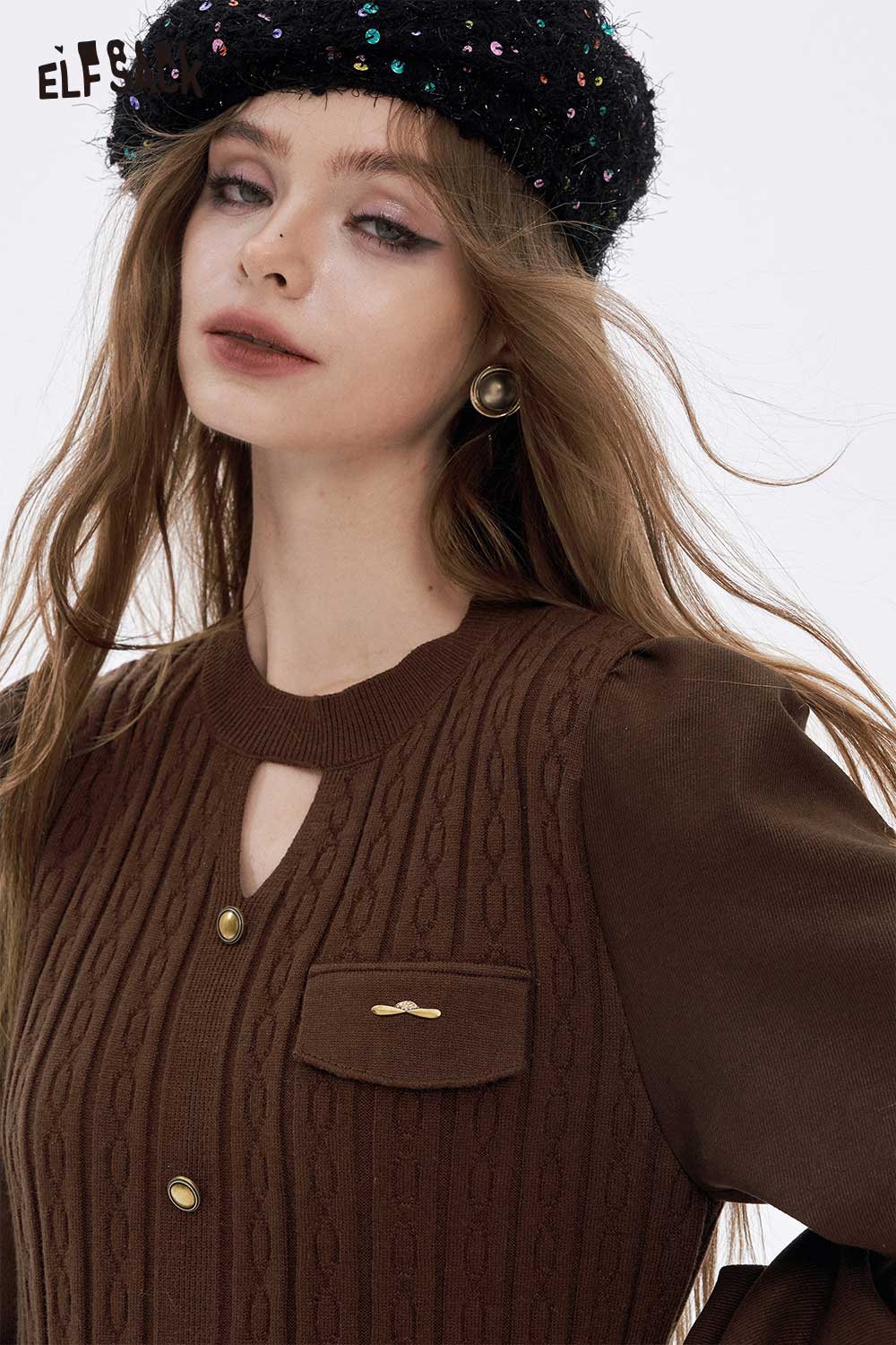 ELFSACK soft flared tea dress featuring a stylish button-up design and unique textured fabric.