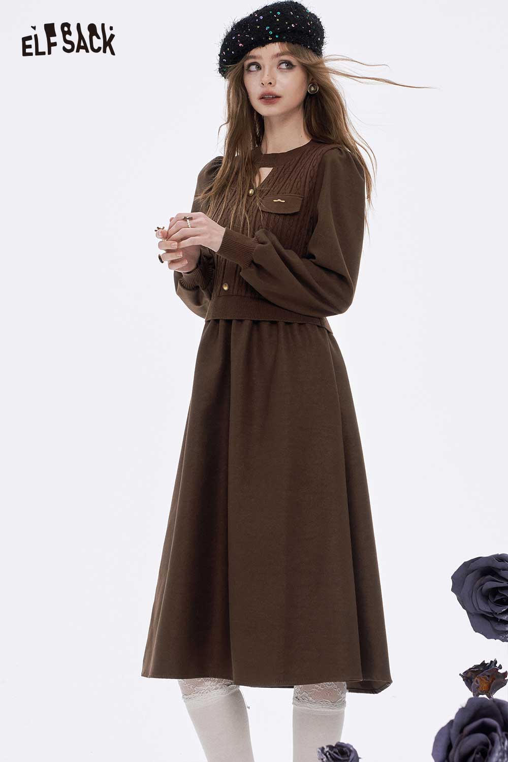 ELFSACK soft flared tea dress in brown with long sleeves and a fitted bodice for a stylish look