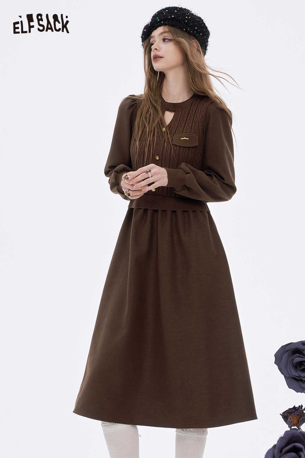 ELFSACK soft flared tea dress in brown with a pleated bodice and long sleeves for a stylish look