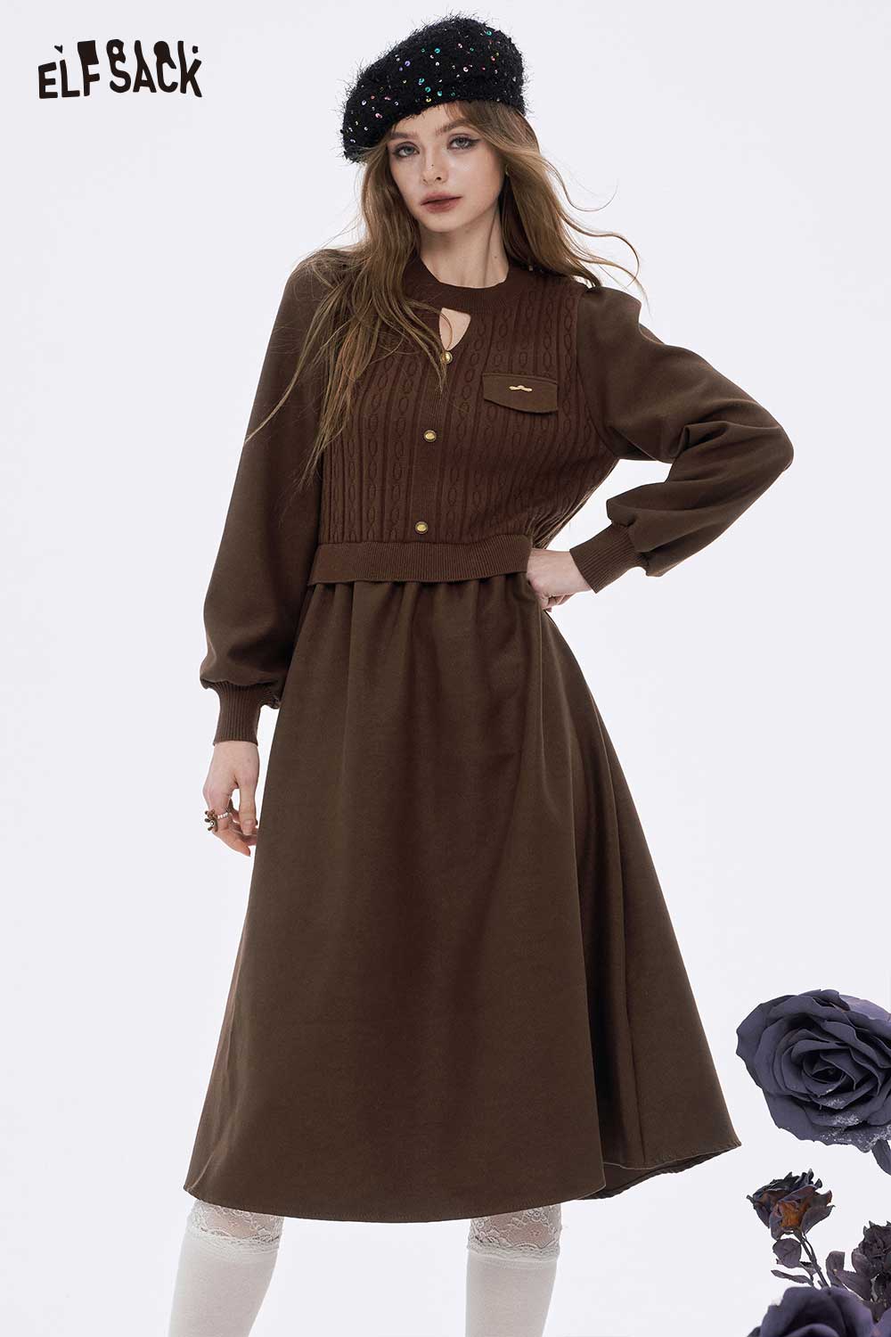 ELFSACK soft flared tea dress in brown with a textured bodice and elegant long sleeves