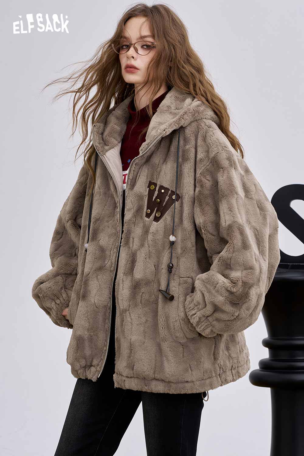 ELFSACK soft hooded cotton coat for women in light brown with fluffy texture and relaxed fit