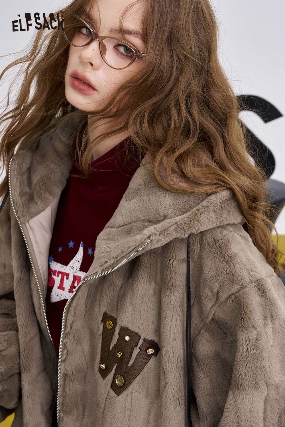 ELFSACK soft hooded cotton coat for women in stylish design with plush texture and patch details