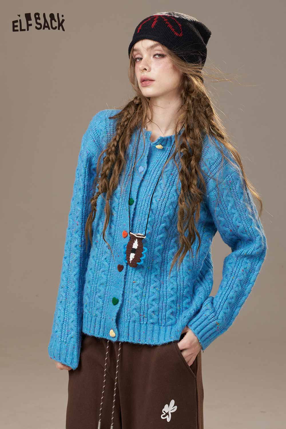 ELFSACK soft knit cardigan for women in vibrant blue with colorful buttons and ribbed design