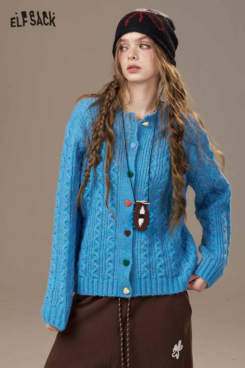 ELFSACK soft knit cardigan for women in blue with colorful buttons and cable knit pattern