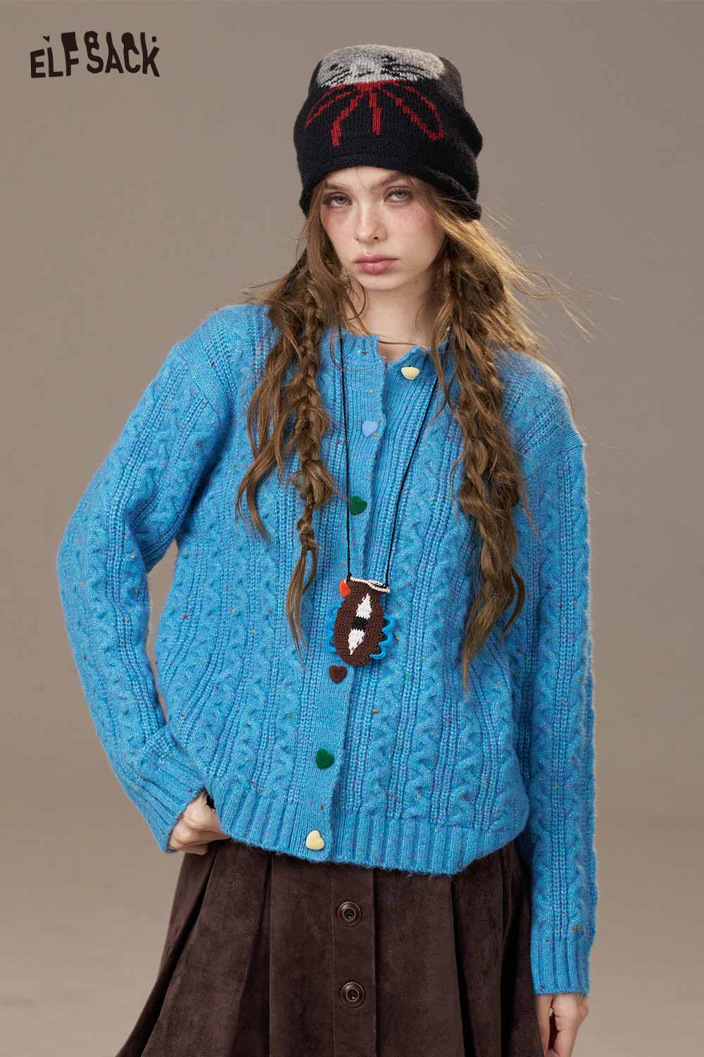 ELFSACK Soft Knit Cardigan for Women in Blue with Colorful Buttons and Cable Knit Design