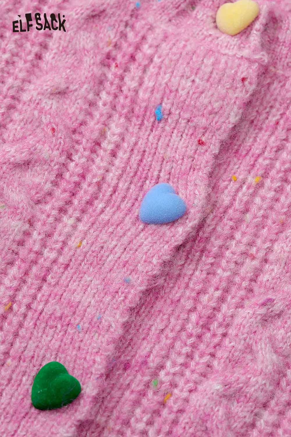 ELFSACK soft knit cardigan for women in pink with colorful heart-shaped buttons and a cozy texture