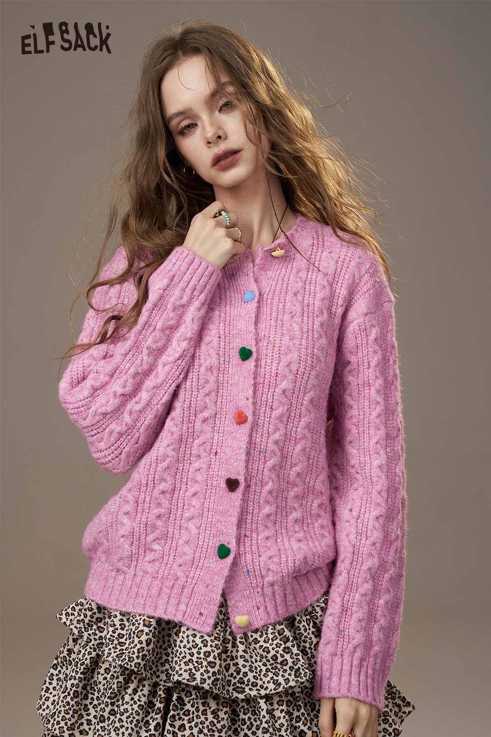 ELFSACK soft knit cardigan for women in pink with colorful heart buttons and cable knit design