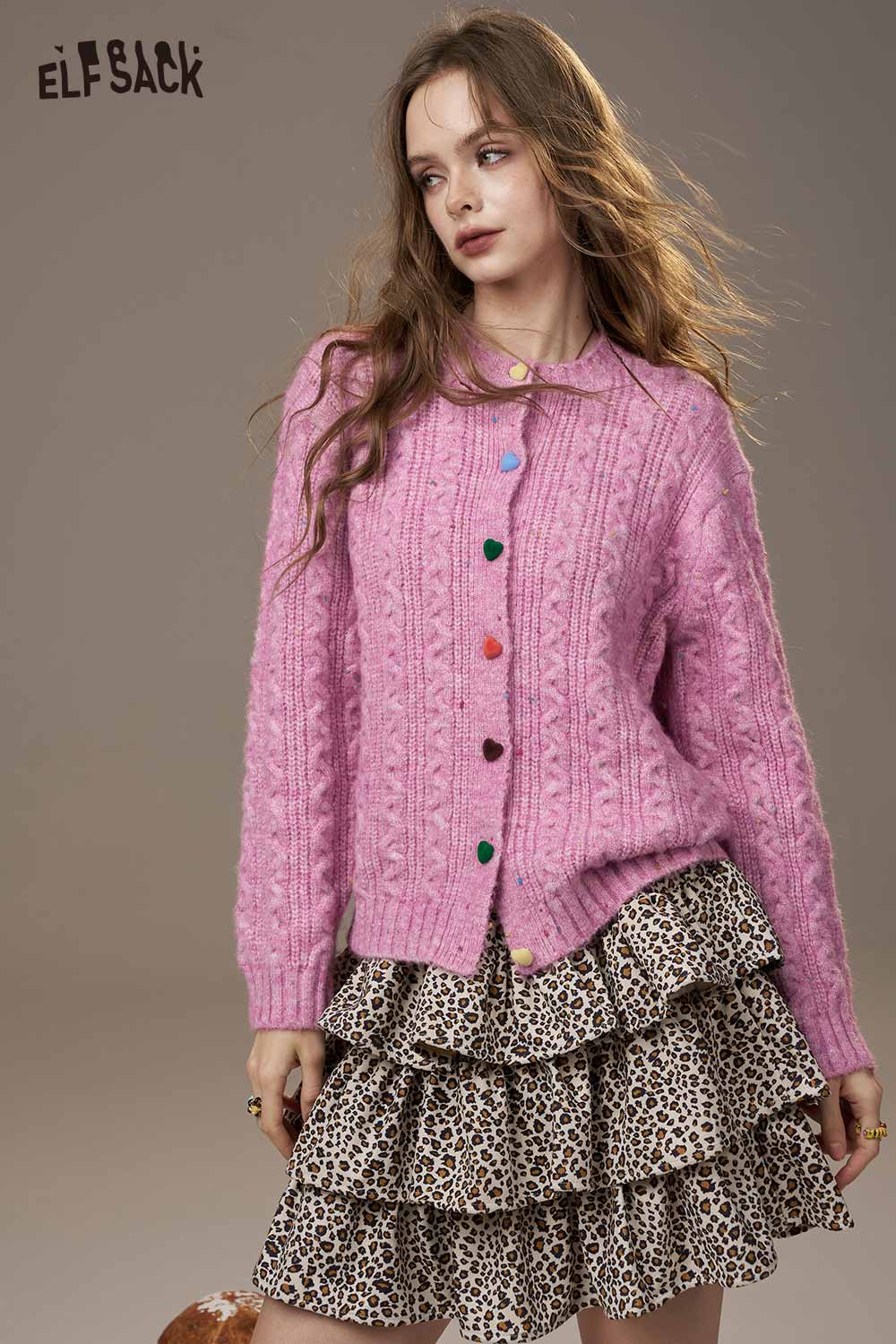 Elfsack soft knit cardigan for women in pink with colorful buttons and cable knit design