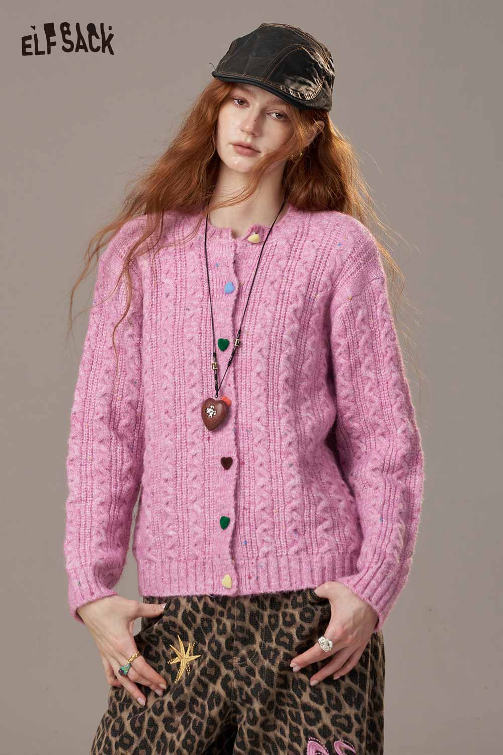 ELFSACK soft knit cardigan for women in pastel pink with colorful buttons and a cozy design