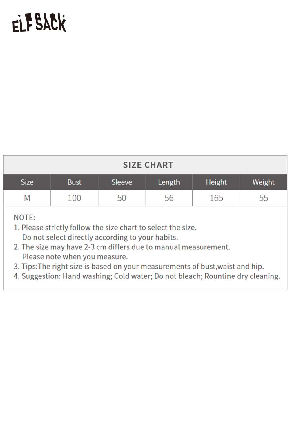 Size chart for ELFSACK soft knit cardigan for women including measurements for bust, sleeve, length, height, and weight