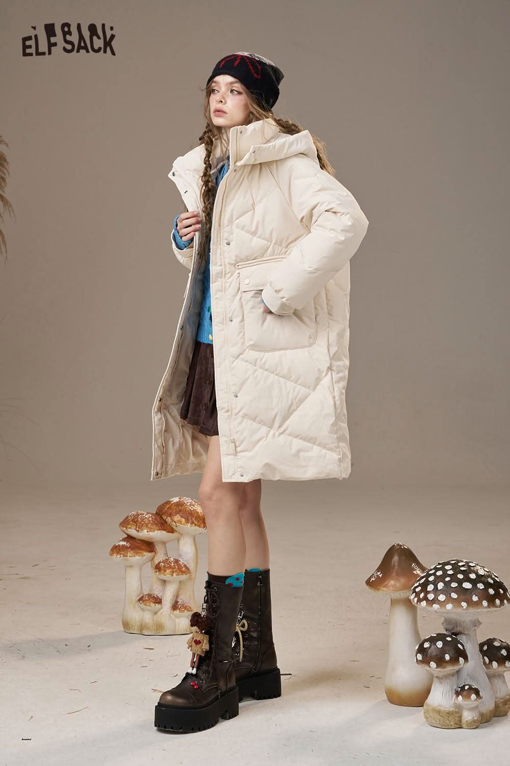 ELFSACK soft knit cardigan for women styled with a winter outfit and a cozy oversized coat