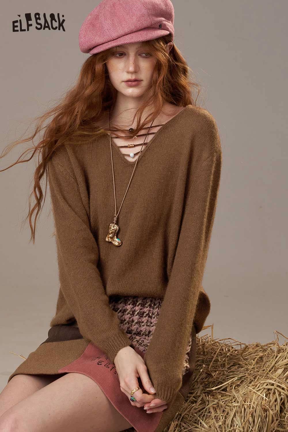 ELFSACK soft knit lace-up sweater in brown with a deep V-neck and relaxed fit for cozy style