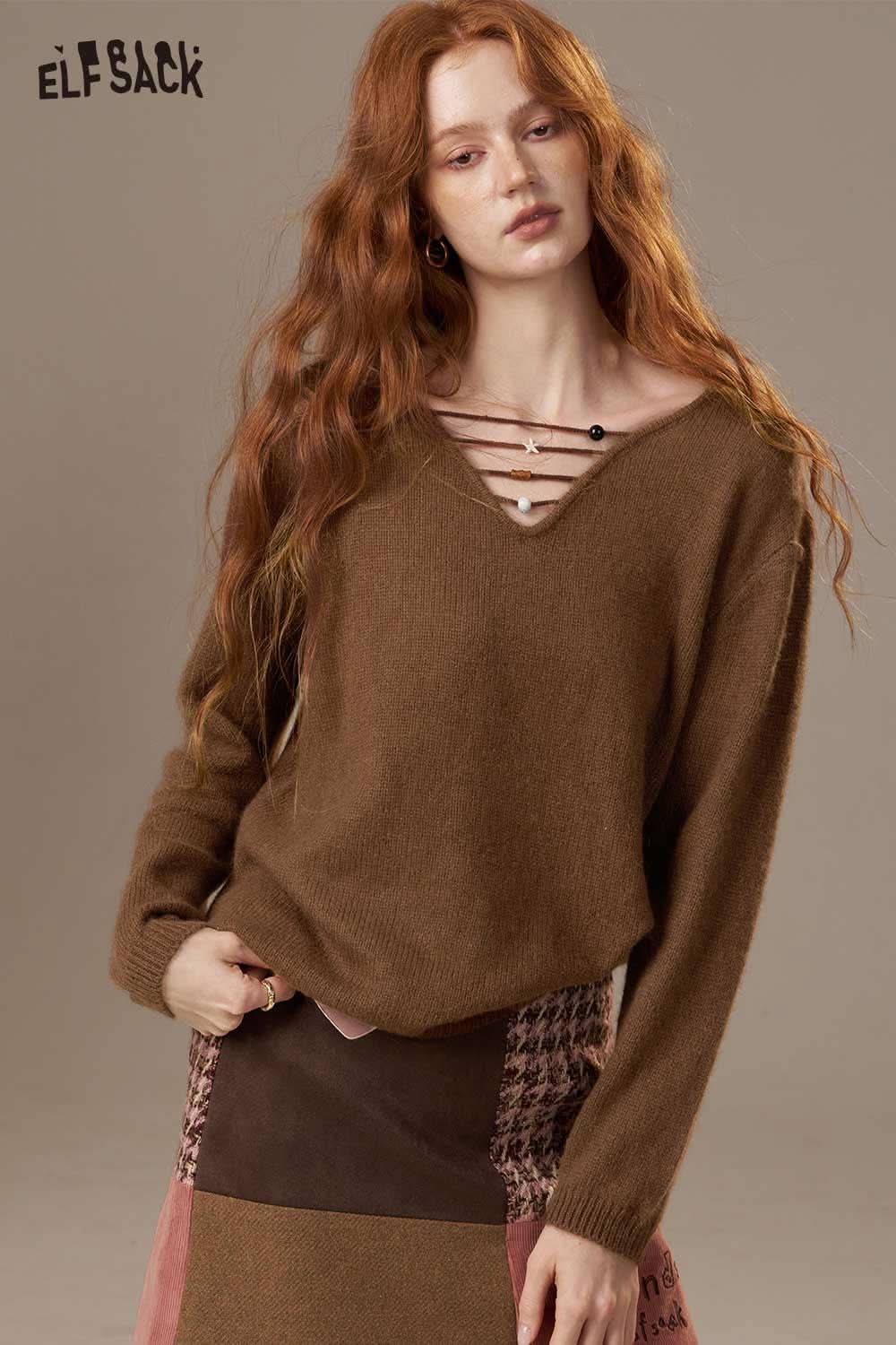 ELFSACK soft knit lace-up sweater in brown featuring a stylish V-neck design and long sleeves