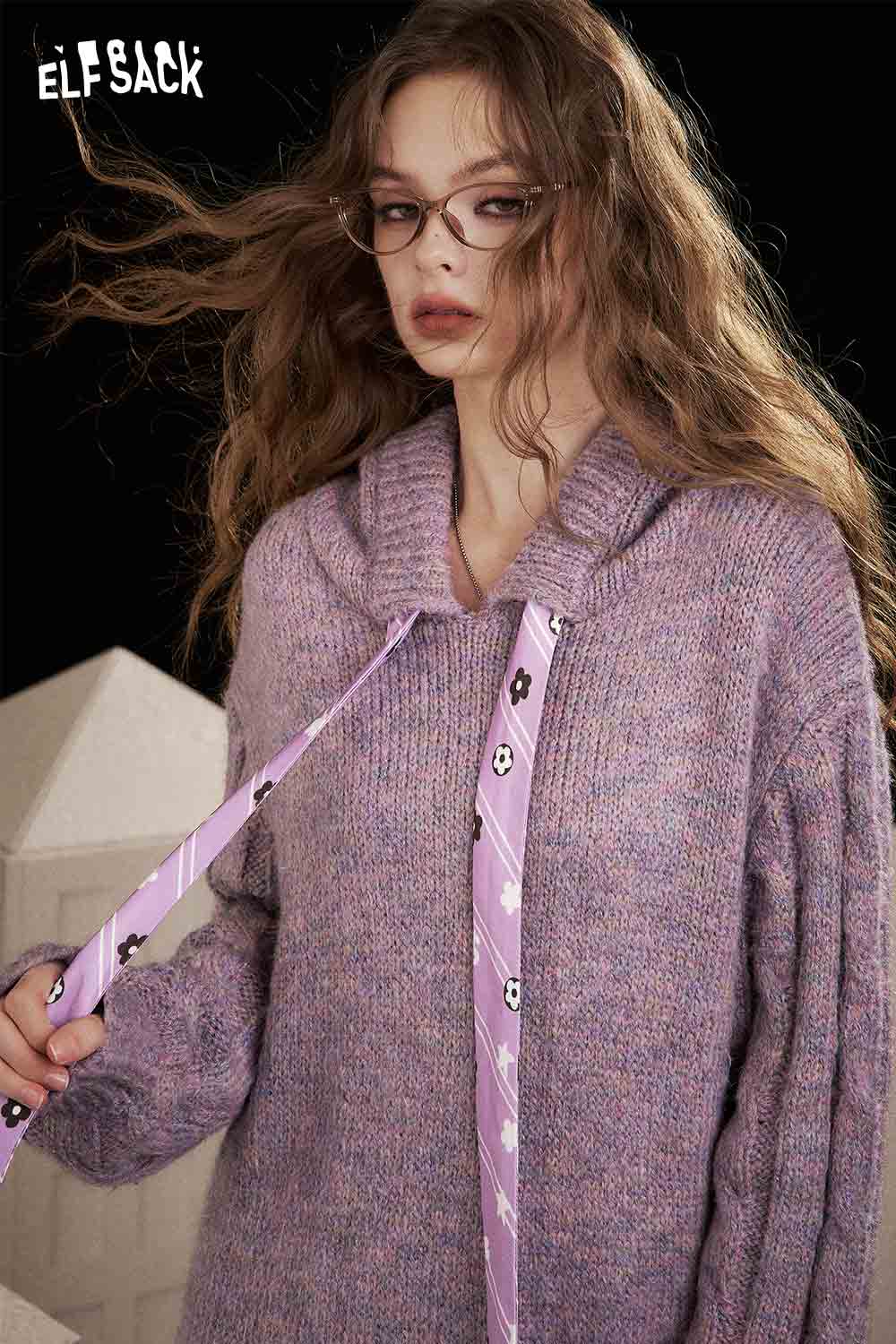 ELFSACK soft knit long dress in lavender with a stylish hood and unique tie detail