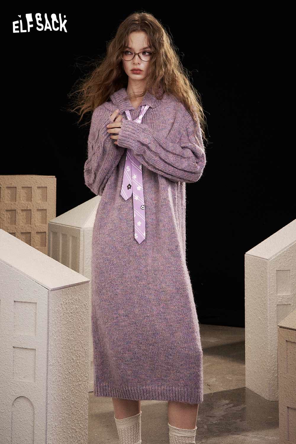 ELFSACK soft knit long dress in lavender with oversized sleeves and a stylish tie detail