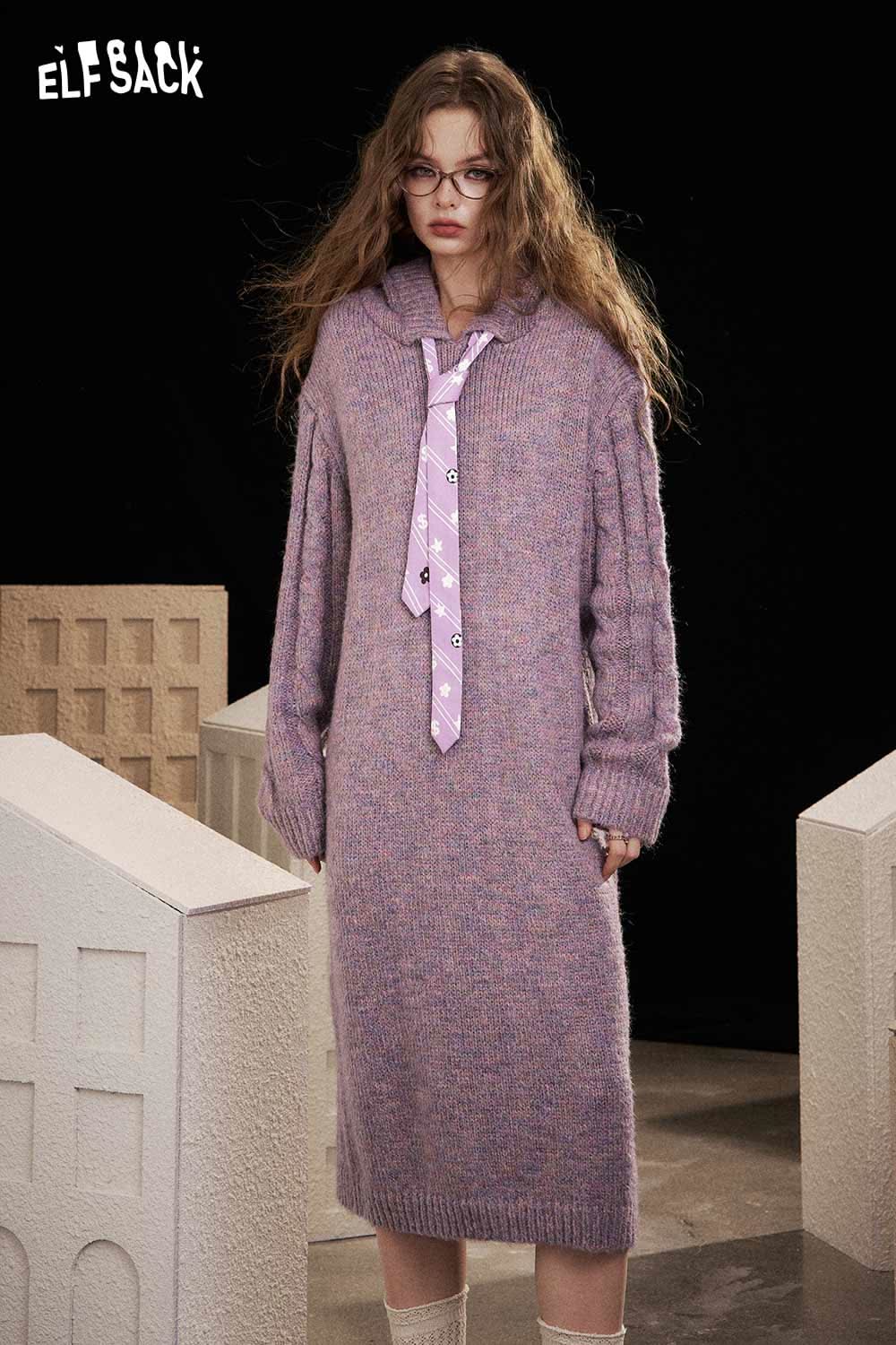 ELFSACK soft knit long dress in purple with a stylish hood and tie detail for a cozy look