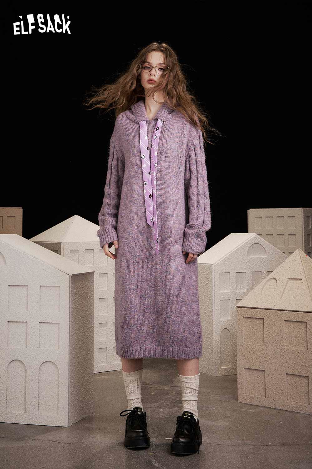 ELFSACK soft knit long dress in lavender with a hood and button details for a cozy look