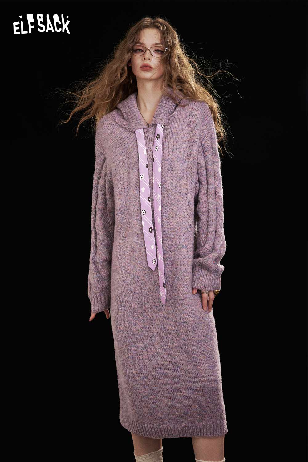 ELFSACK Soft Knit Long Dress in Purple with Stylish Hood and Ribbon Detail