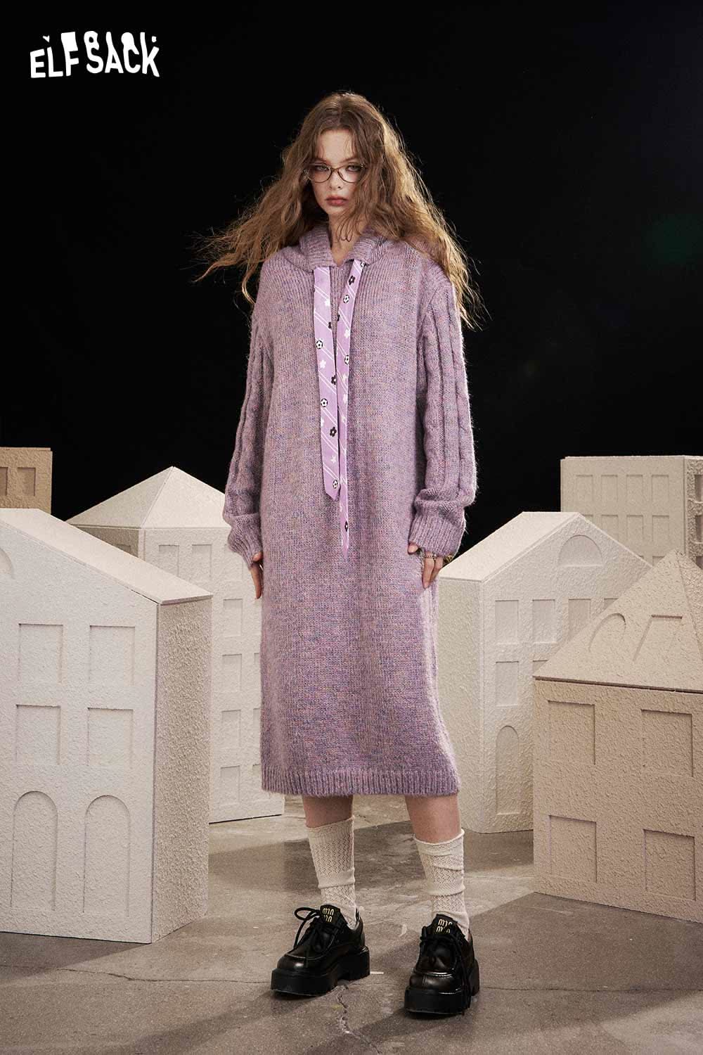 ELFSACK soft knit long dress in purple with a hood and button details for a cozy look