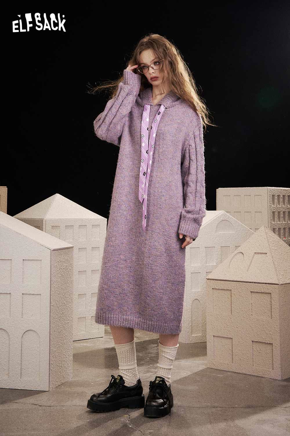 ELFSACK soft knit long dress in lavender with button detailing and casual style for everyday wear