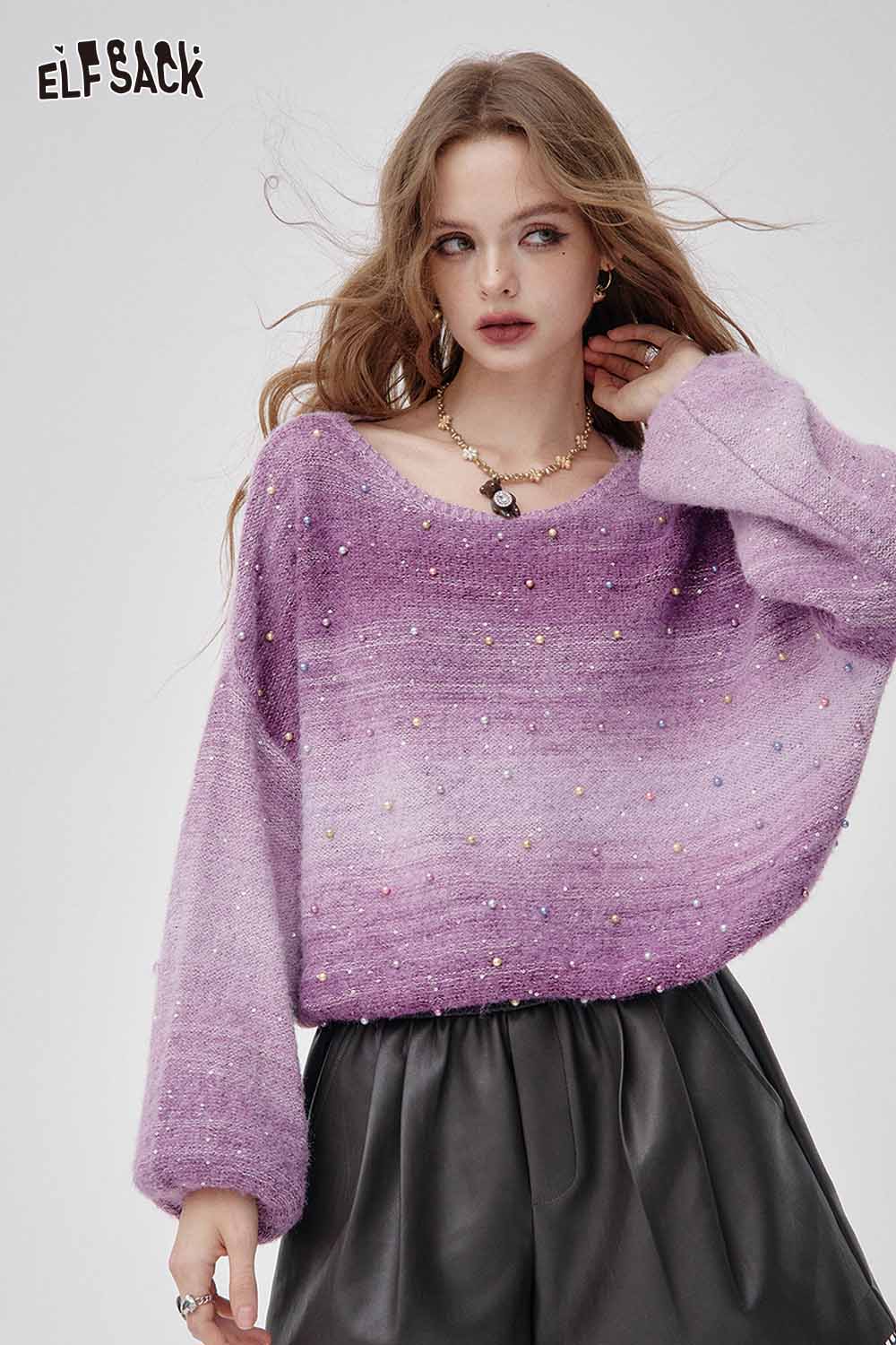 ELFSACK Ombre knit v-neck sweater in soft purple with decorative colorful beads for a stylish look