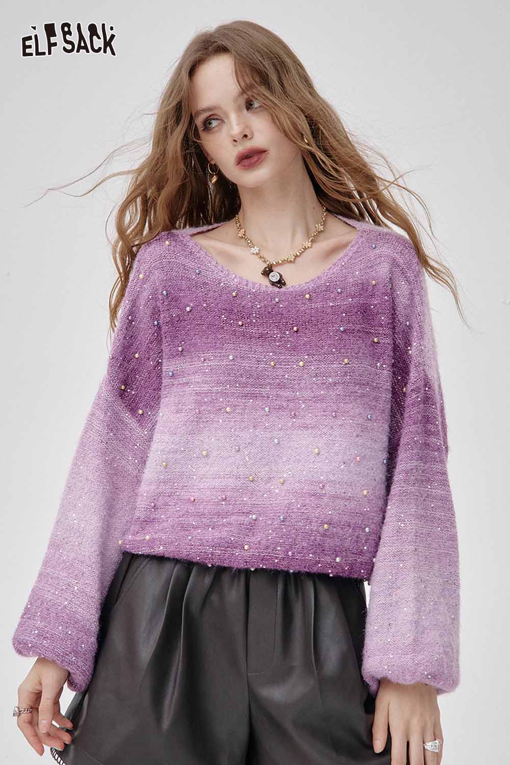 ELFSACK ombre knit v-neck sweater in purple with embellishments for stylish layering