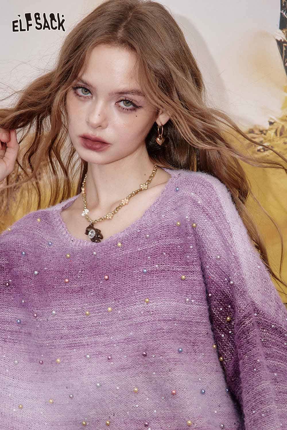 ELFSACK ombre knit v-neck sweater in shades of purple with decorative beads for a stylish look