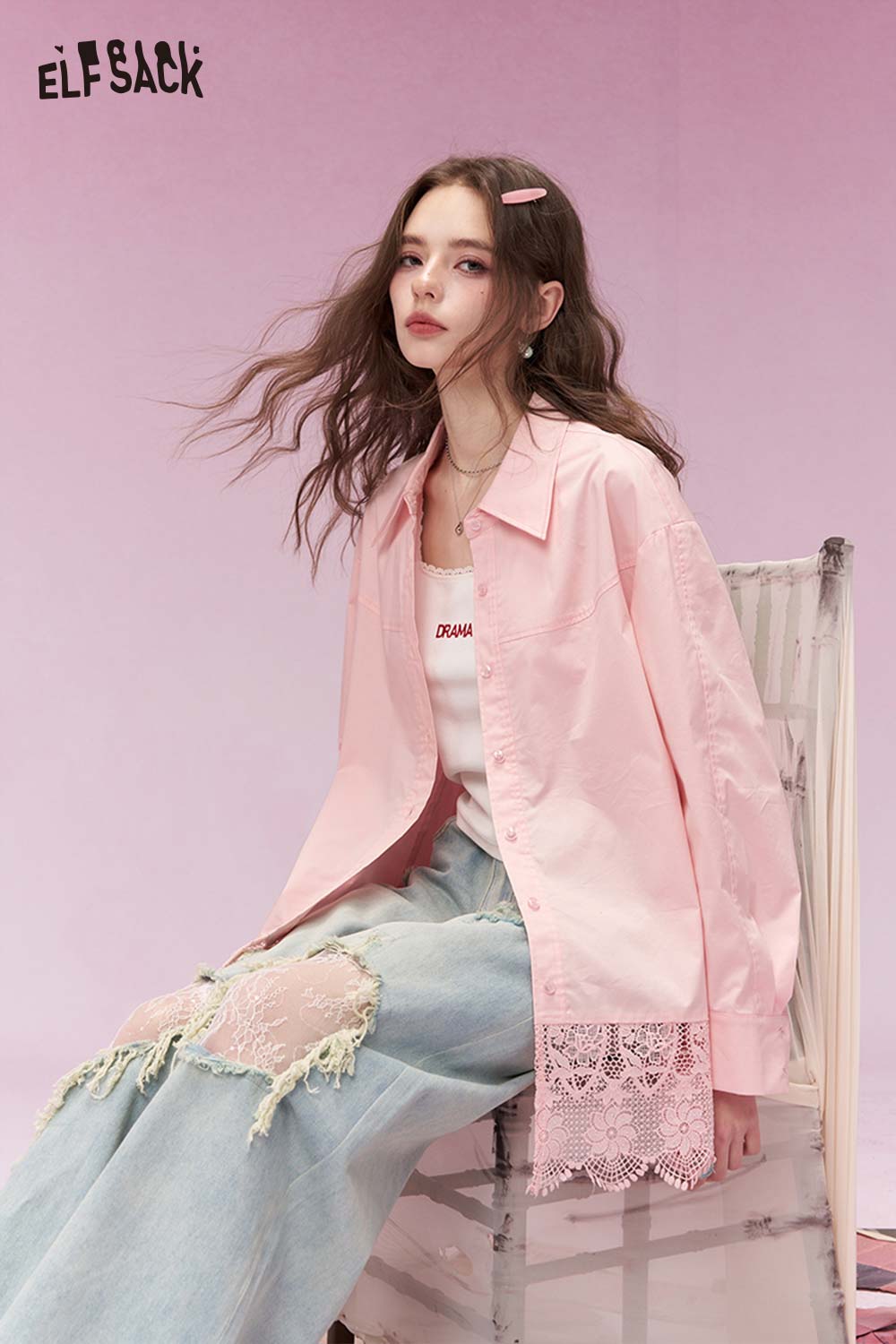 ELFSACK soft lace insert long shirt in pink with a relaxed fit and stylish design