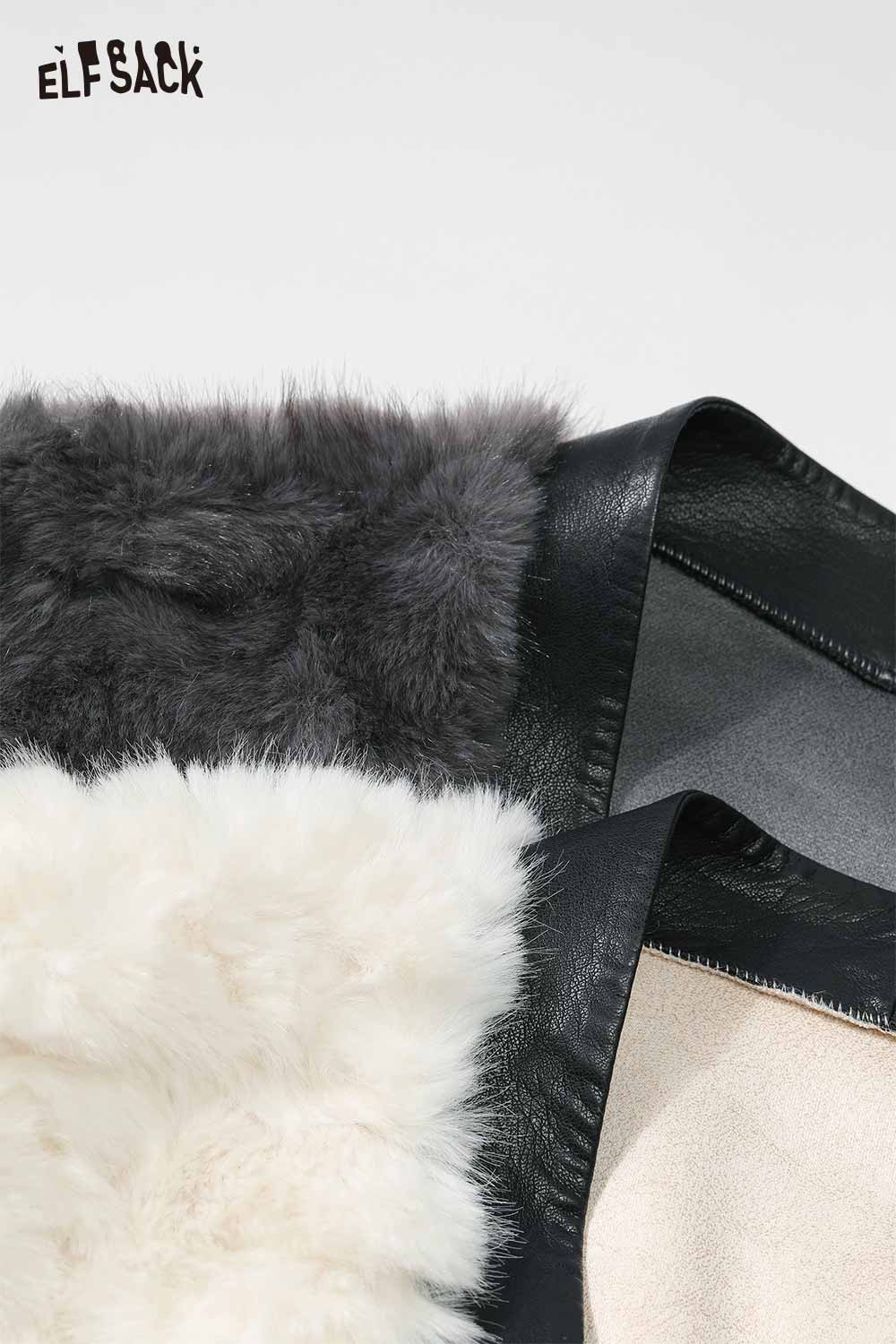 ELFSACK soft minimalist short coat for women in gray and white with luxurious faux fur detailing