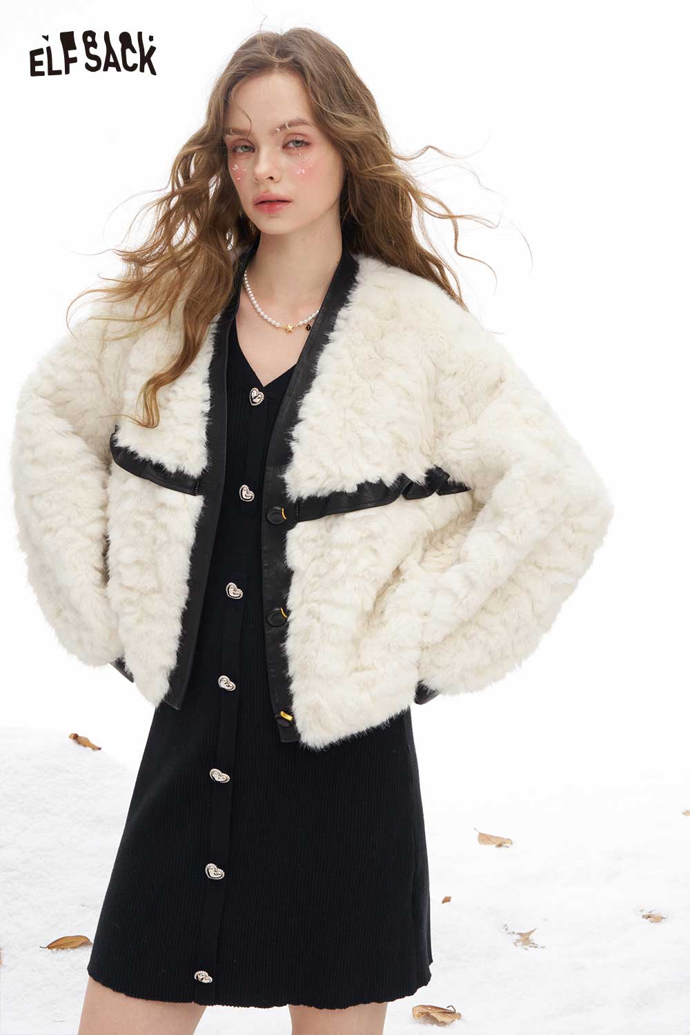 ELFSACK soft minimalist short coat for women in cream with a stylish black trim