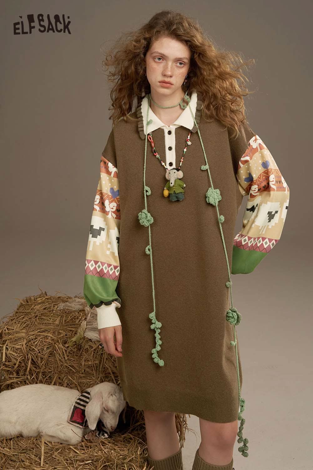 ELFSACK soft patchwork sleeve dress in brown with colorful knitted sleeves and playful embellishments