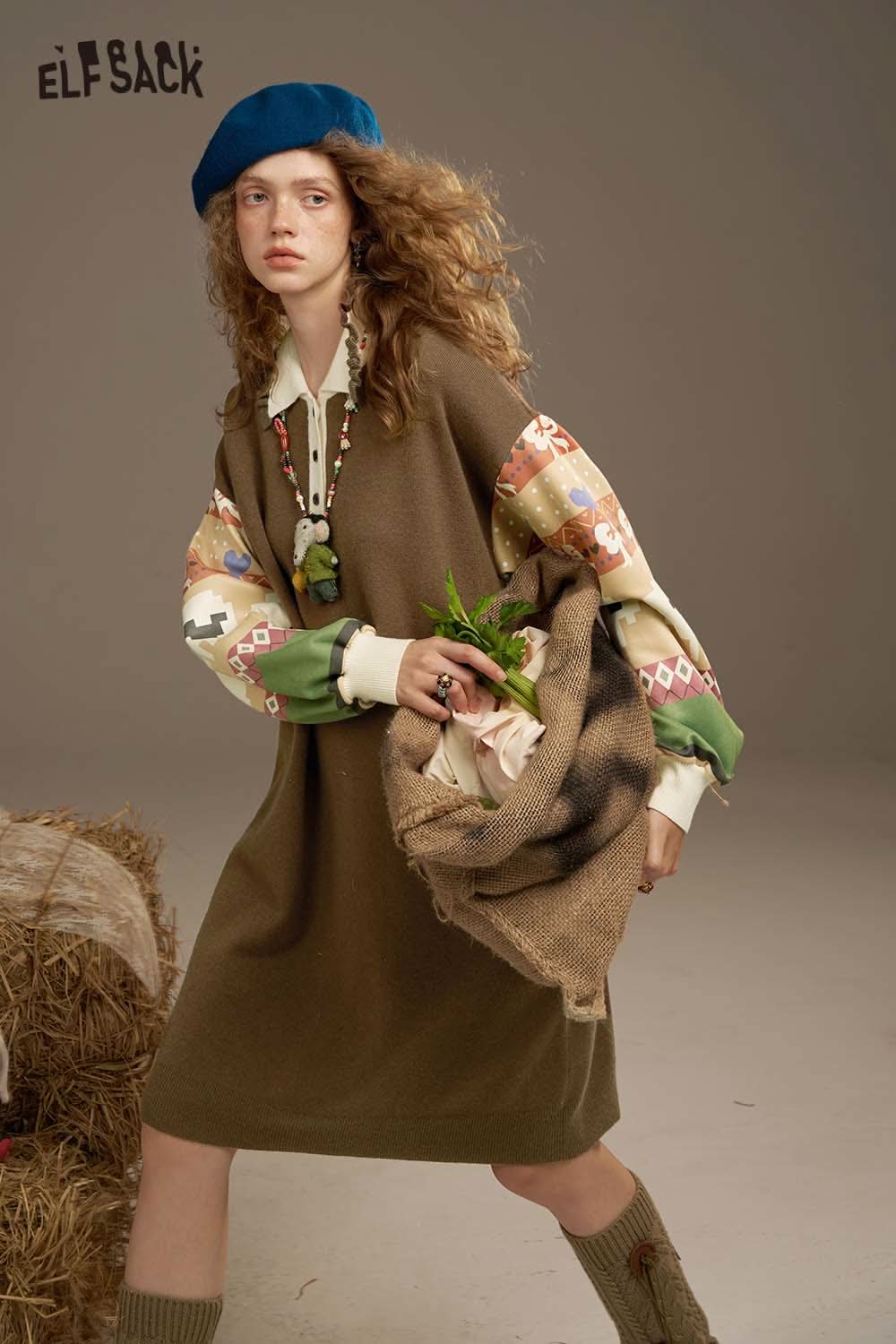 ELFSACK soft patchwork sleeve dress featuring colorful sleeves and a relaxed fit for a stylish look