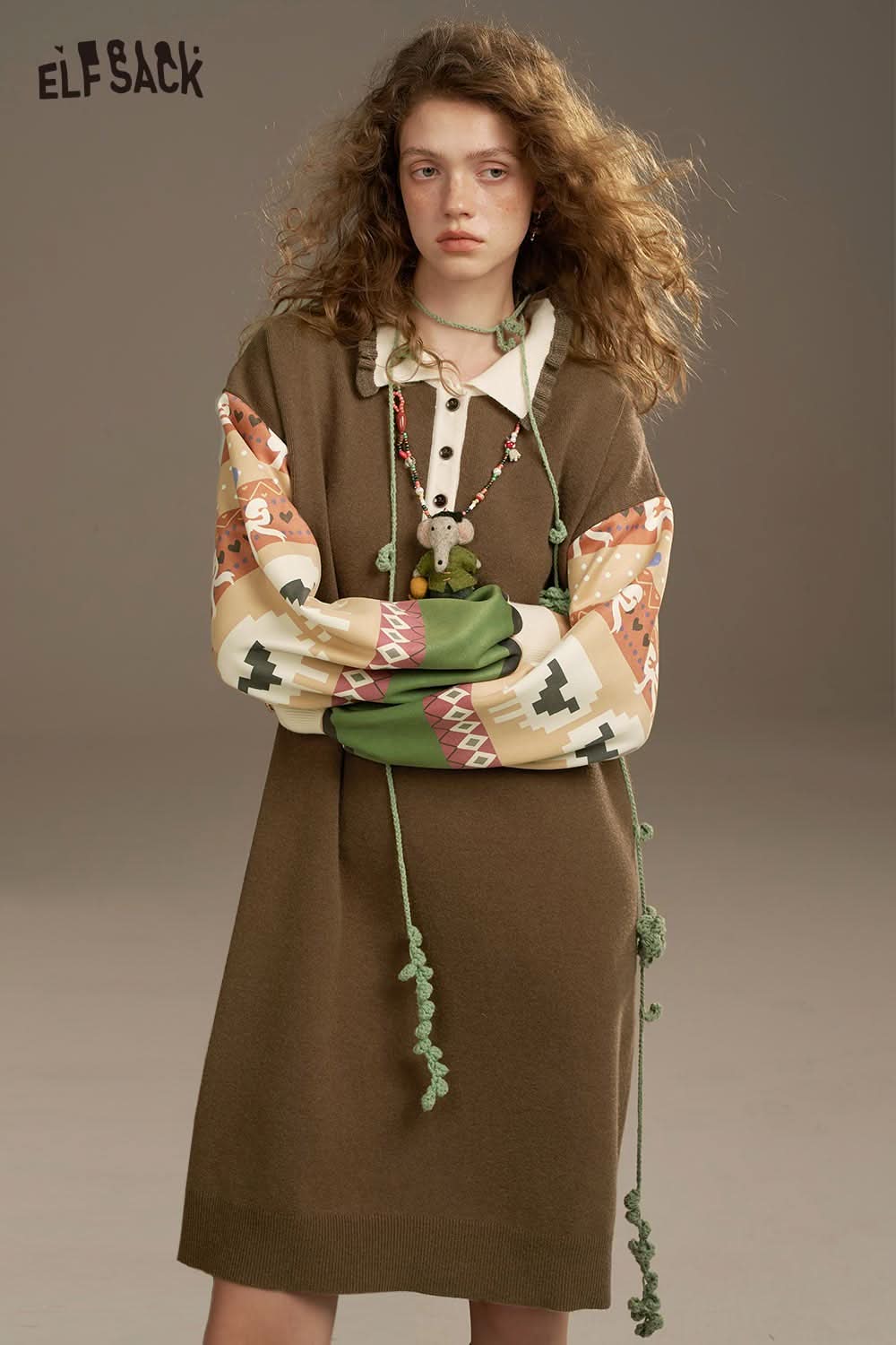 ELFSACK soft patchwork sleeve dress featuring a cozy design and unique color combinations