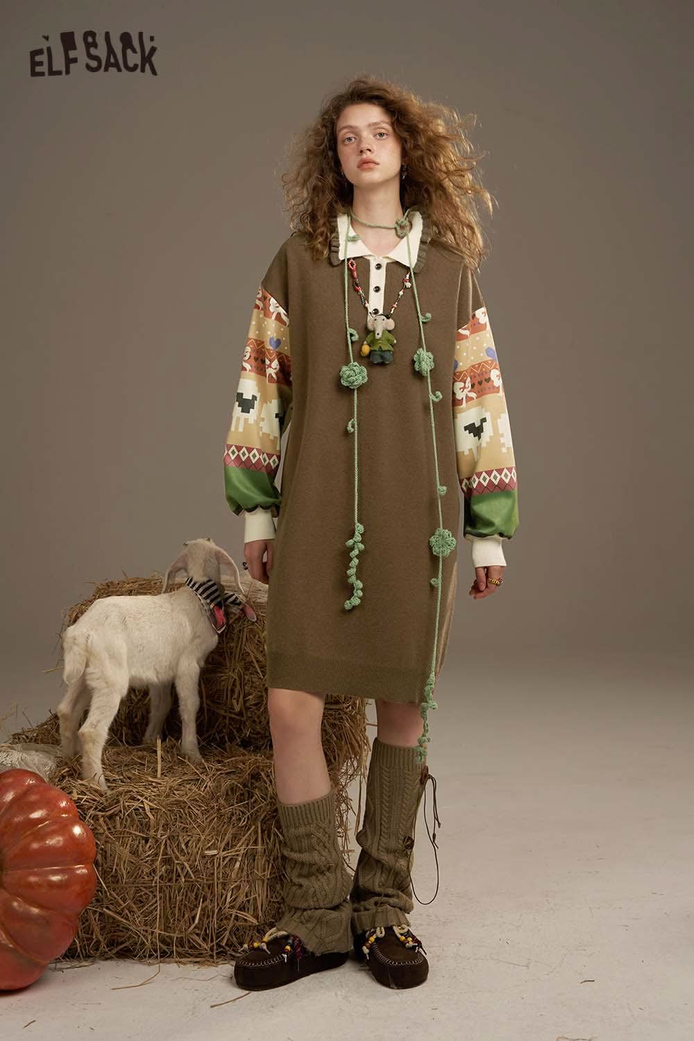 ELFSACK soft patchwork sleeve dress featuring colorful sleeves and a cozy fit for a stylish look