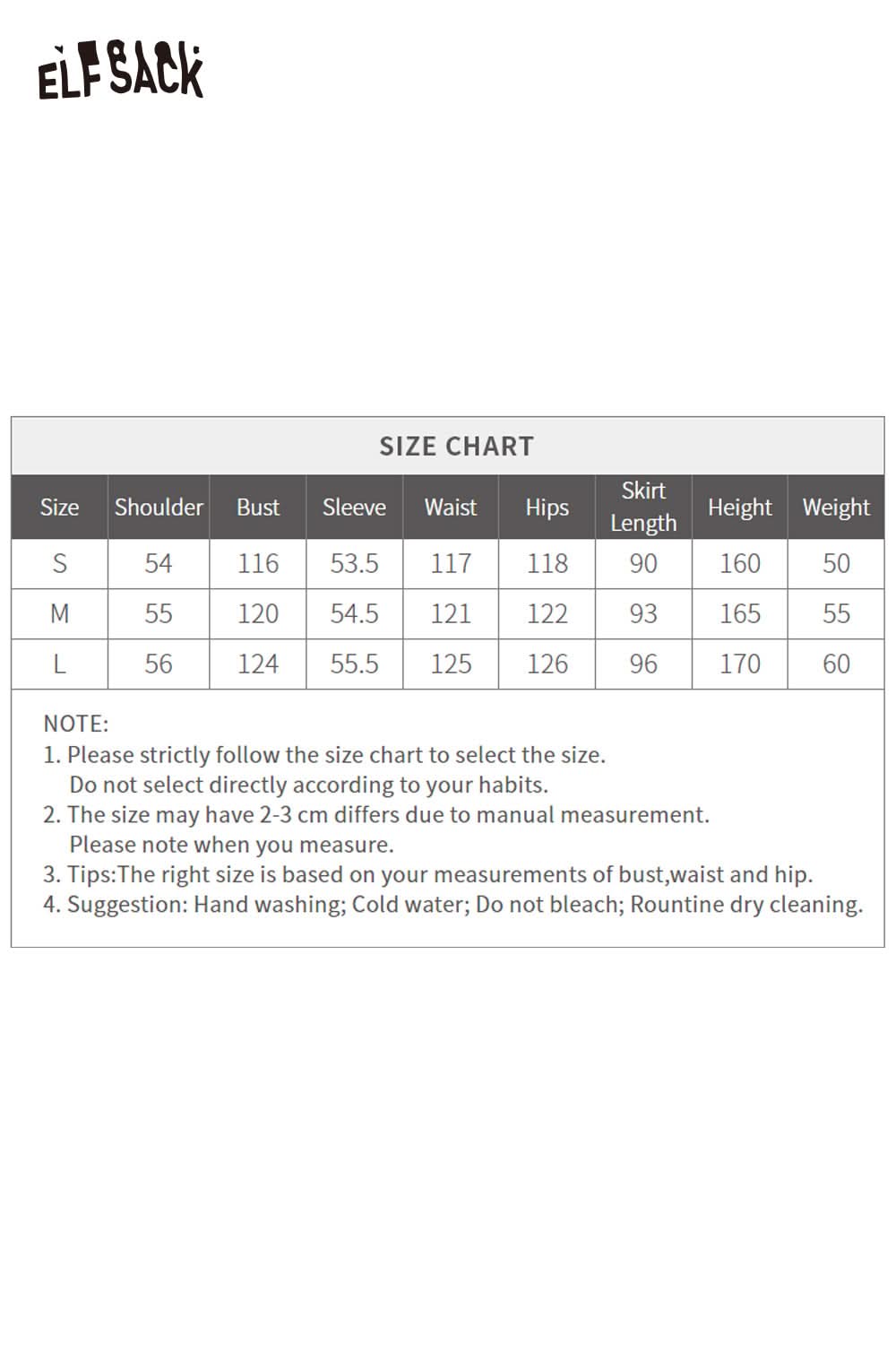 Size chart for ELFSACK soft patchwork sleeve dress with measurements for S, M, and L sizes
