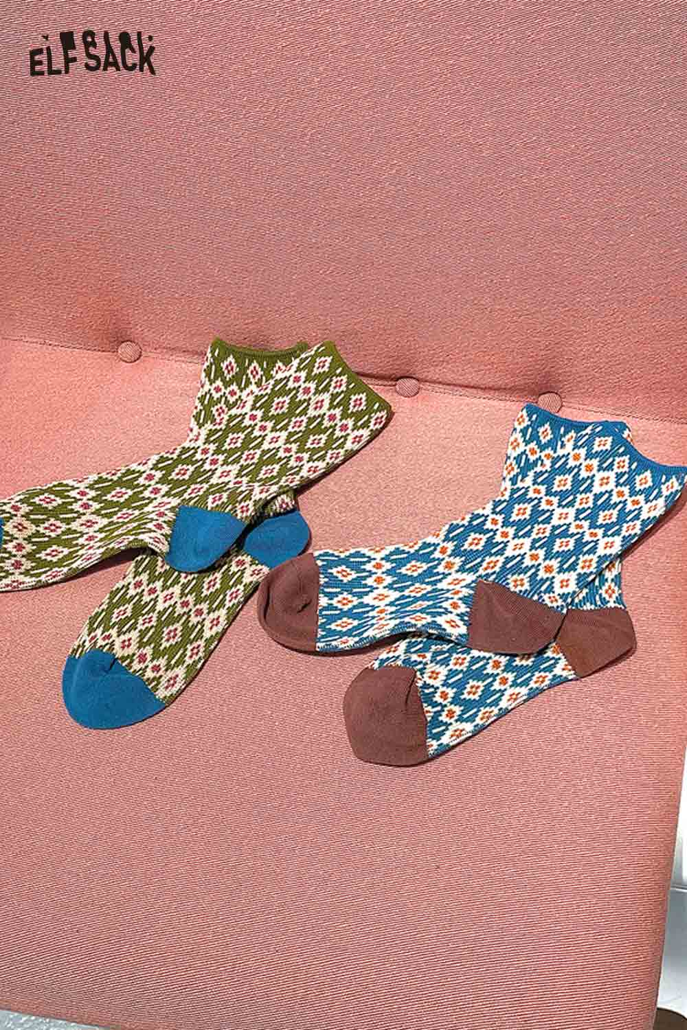 ELFSACK soft patterned ankle socks in green and blue with unique geometric designs