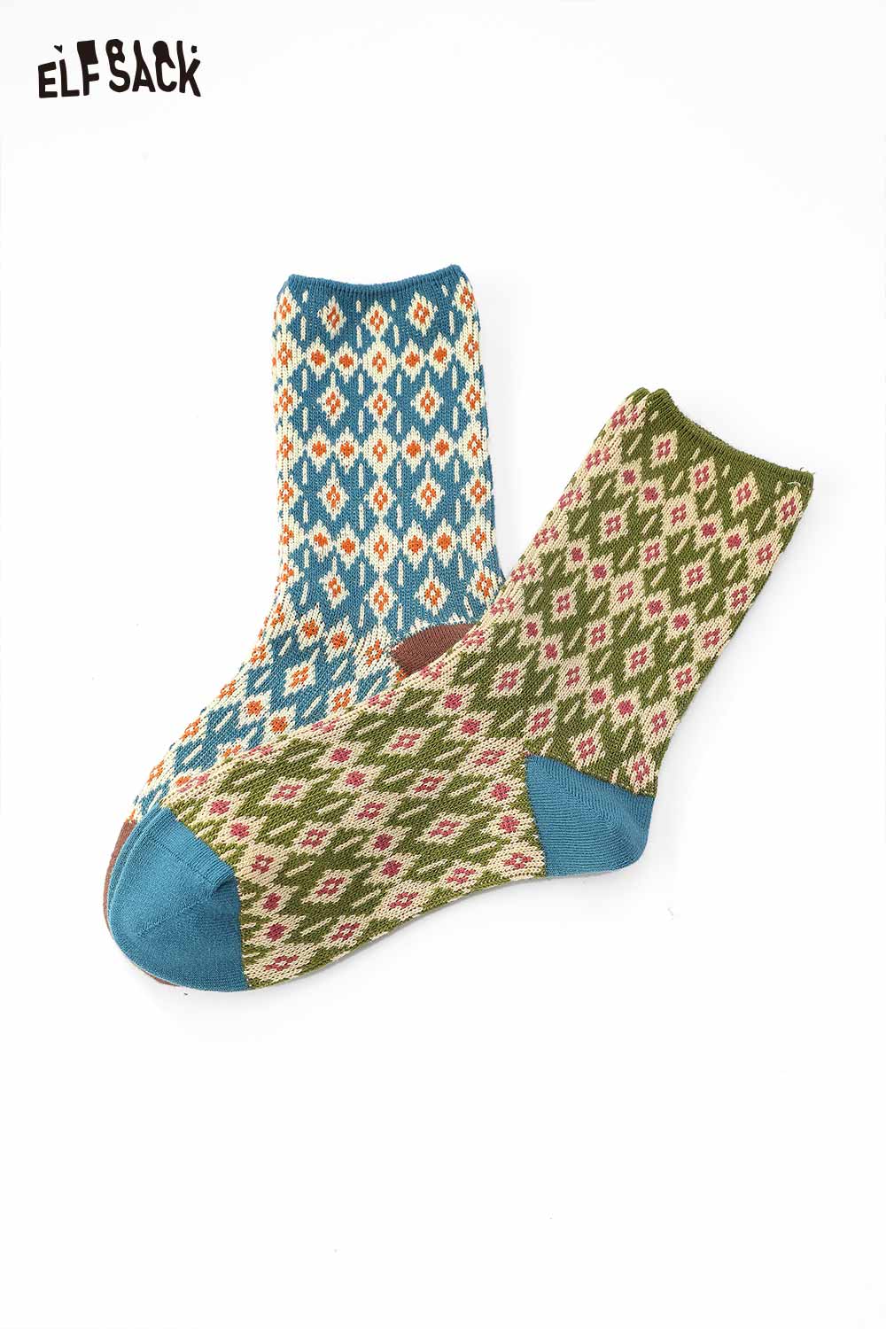 ELFSACK soft patterned ankle socks in blue and green with diamond designs for casual wear
