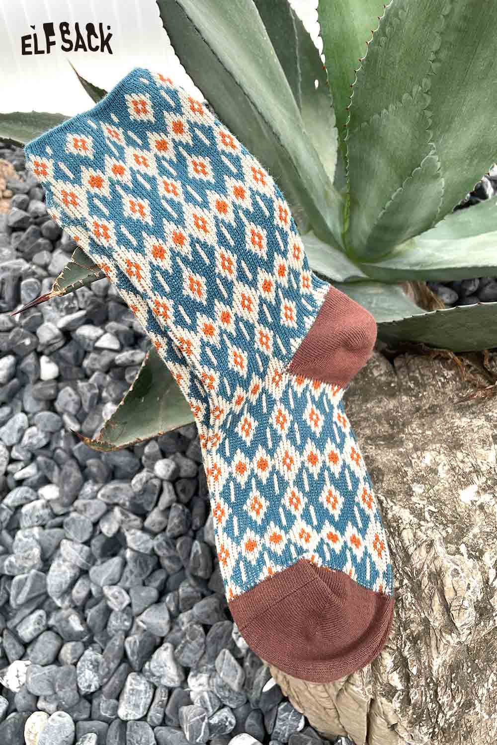 ELFSACK soft patterned ankle socks featuring colorful geometric designs and brown accents