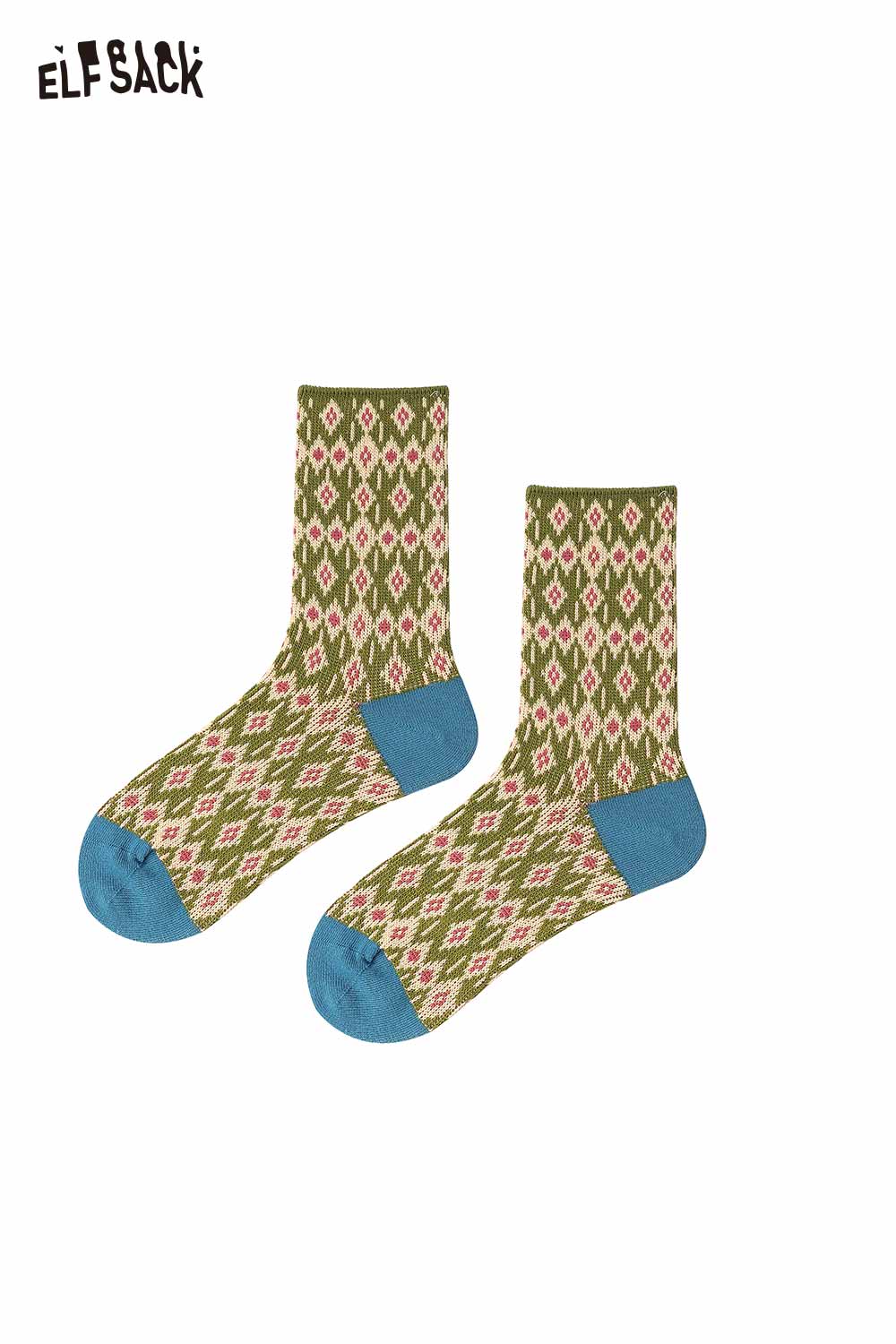 ELFSACK soft patterned ankle socks in green and blue with a diamond design for stylish comfort