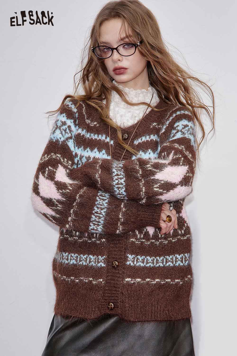ELFSACK cozy brown sweater with colorful patterns, styled alongside soft plaid wide-leg pants
