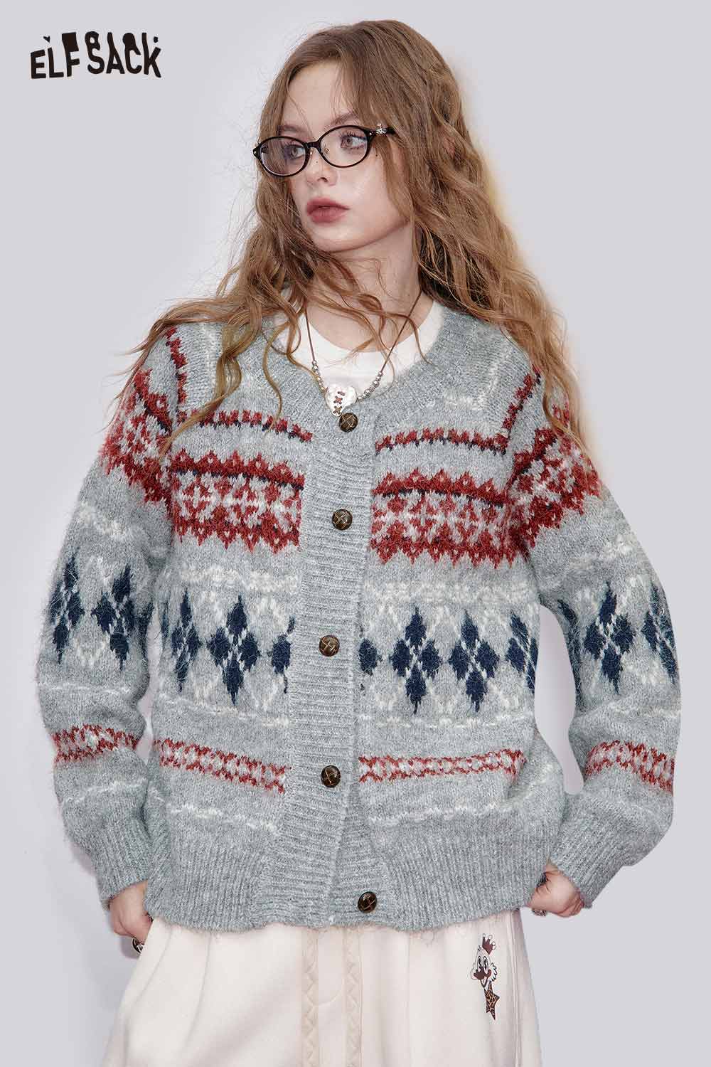 ELFSACK Cozy Gray Sweater with Colorful Knit Patterns, Styled with Soft Plaid Wide-Leg Pants