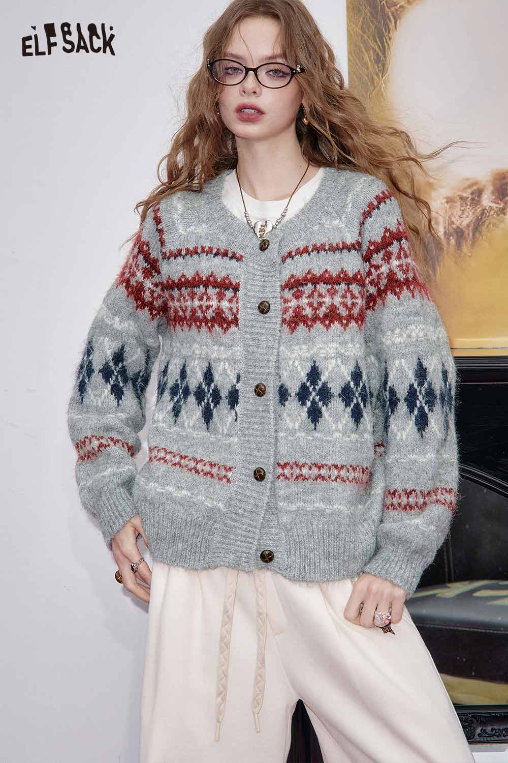 ELFSACK Cozy Cardigan Sweater with Red and Gray Patterns, paired with soft plaid wide-leg pants