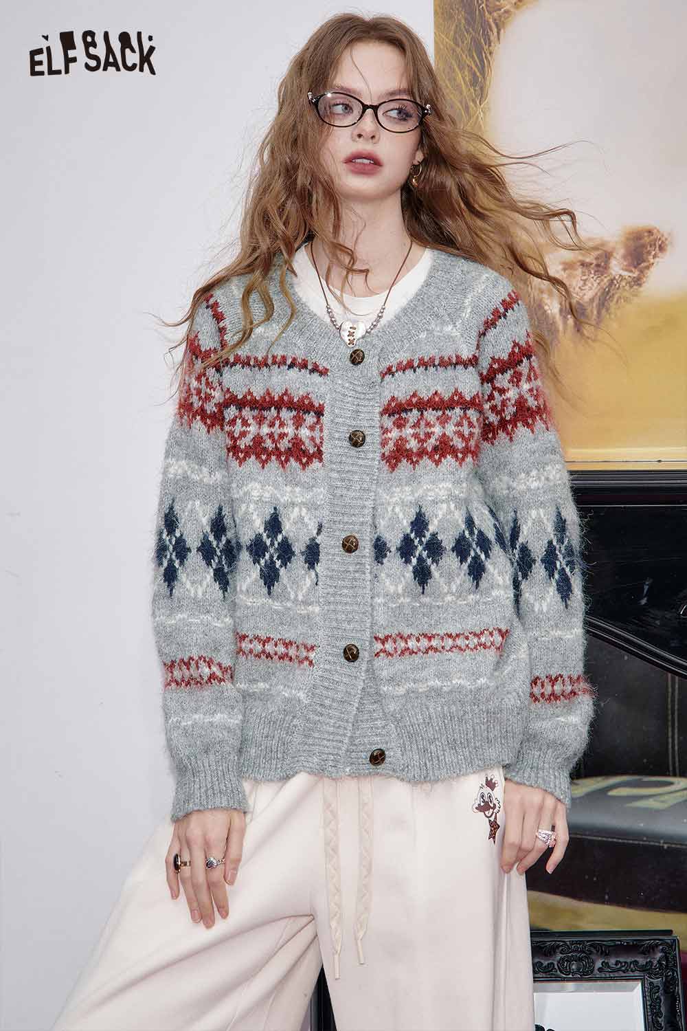 Cozy ELFSACK sweater featuring a multicolor pattern, styled with soft plaid wide-leg pants for a chic look