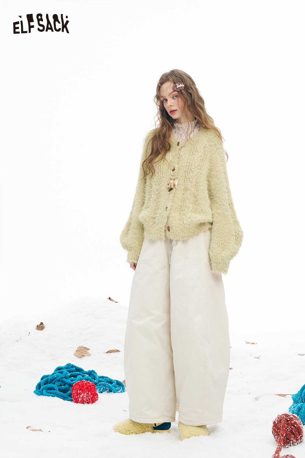 ELFSACK soft plush button sweater in yellow with oversized fit for a cozy winter look