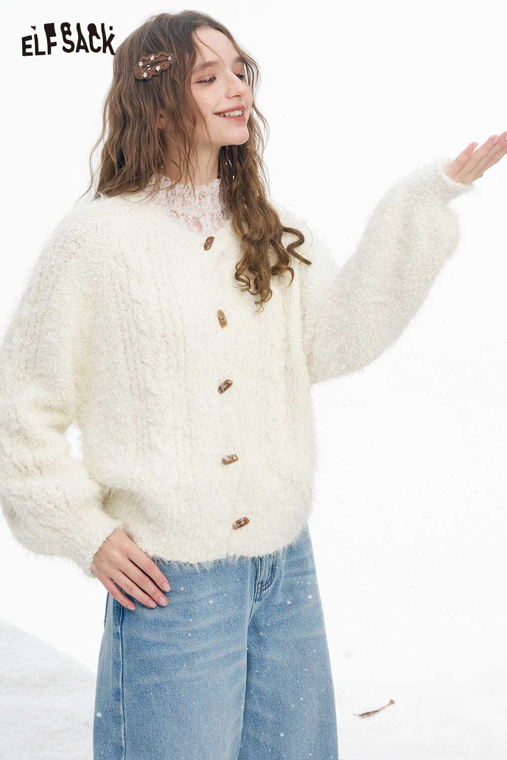 ELFSACK soft plush button sweater in cream with button detailing for a cozy stylish look
