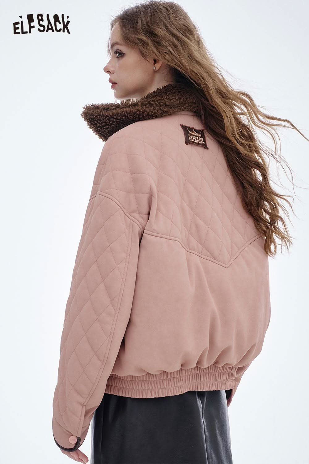 ELFSACK soft plush lapel coat for women with quilted design and cozy collar in pink hue