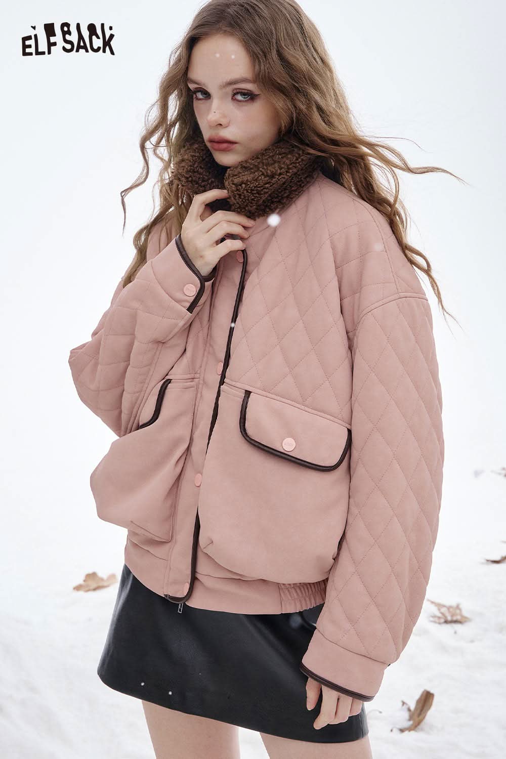 ELFSACK soft plush lapel coat for women in pink with quilted design and stylish pockets